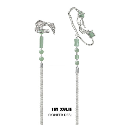 Elegant jade cascade ear clip by 1STXULIE featuring delicate green stones and stylish silver accents