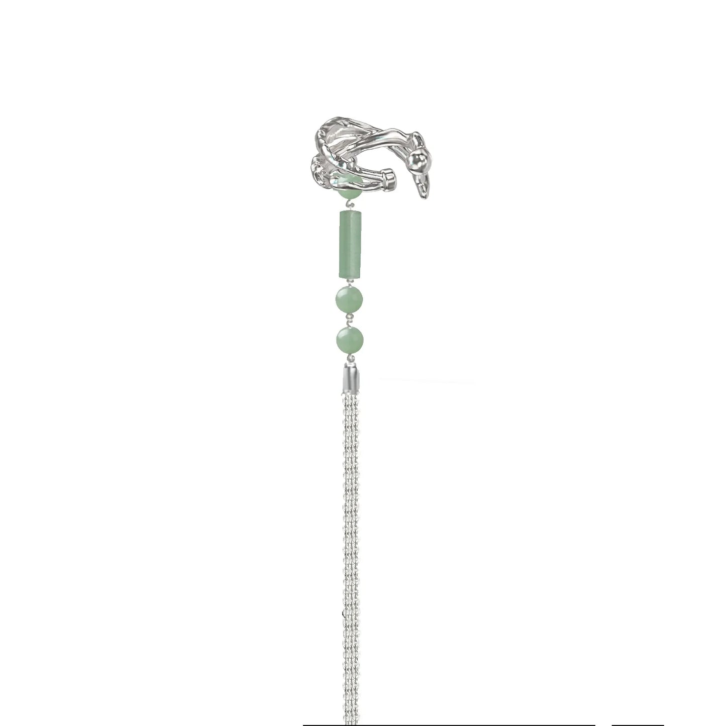 Elegant jade cascade ear clip featuring a silver design and jade beads for a chic accessory