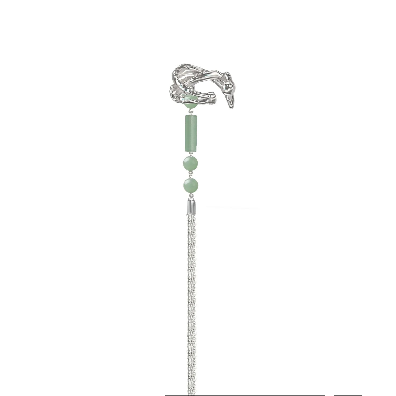 Elegant jade cascade ear clip featuring a silver design and jade beads for a chic accessory