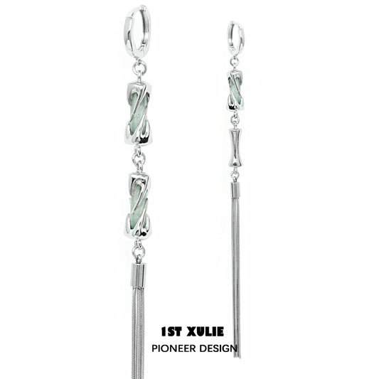 1STXULIE Jade Tassel Earrings with Elegant Design and Long Silver Chains for a Chic Look