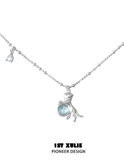 1STXULIE kitten silver necklace with a playful kitten charm and blue gemstone accent