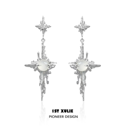 Luminous agate cross earrings with a unique design and shimmering silver finish by 1ST XULIE