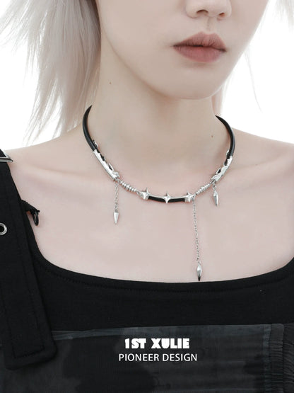 Midnight talisman leather necklace featuring a bold design with silver spikes for a striking look
