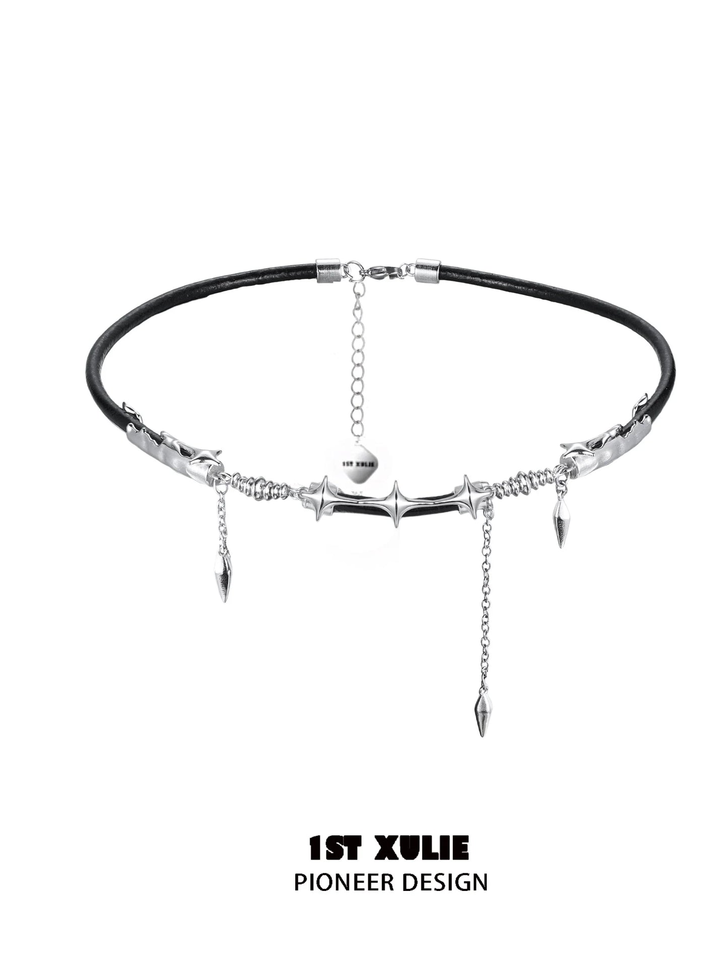 Midnight talisman leather necklace with silver spikes and beads for a bold look