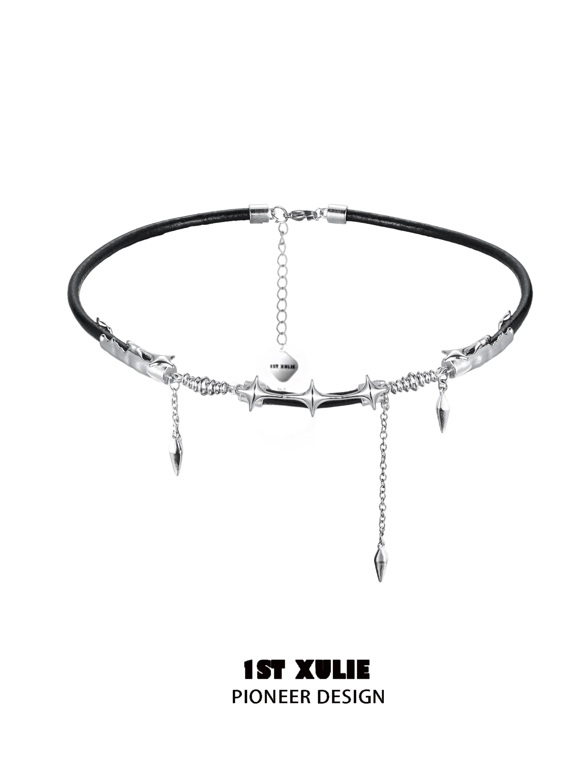 Midnight talisman leather necklace with silver spikes and beads for a bold look