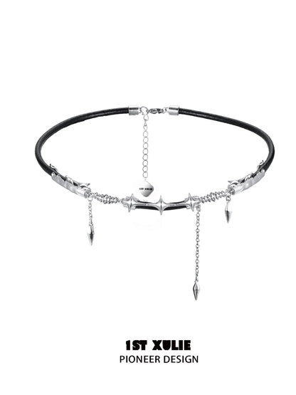 Midnight talisman leather necklace with silver spikes and beads for a bold look
