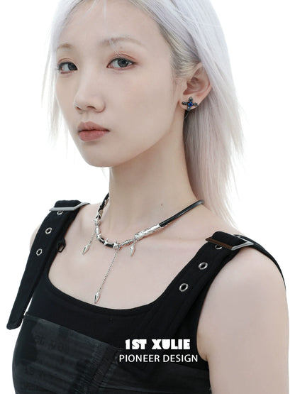 Model wearing a midnight talisman leather necklace featuring unique silver accents and a modern design