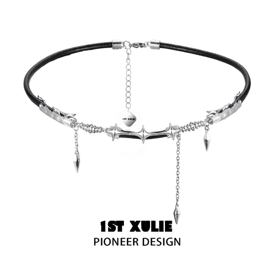 Midnight talisman leather necklace by 1ST XULIE featuring silver spikes and chains for a bold style