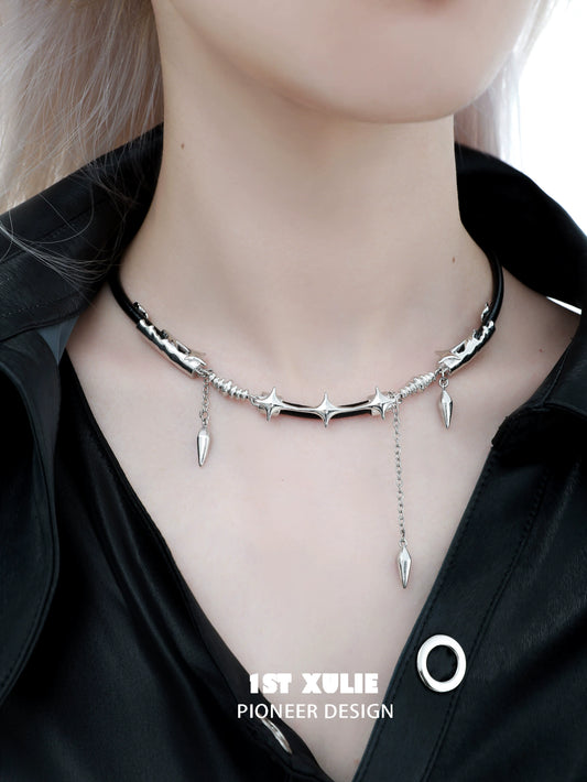 Midnight talisman leather necklace featuring silver spikes and chains for a bold and edgy style