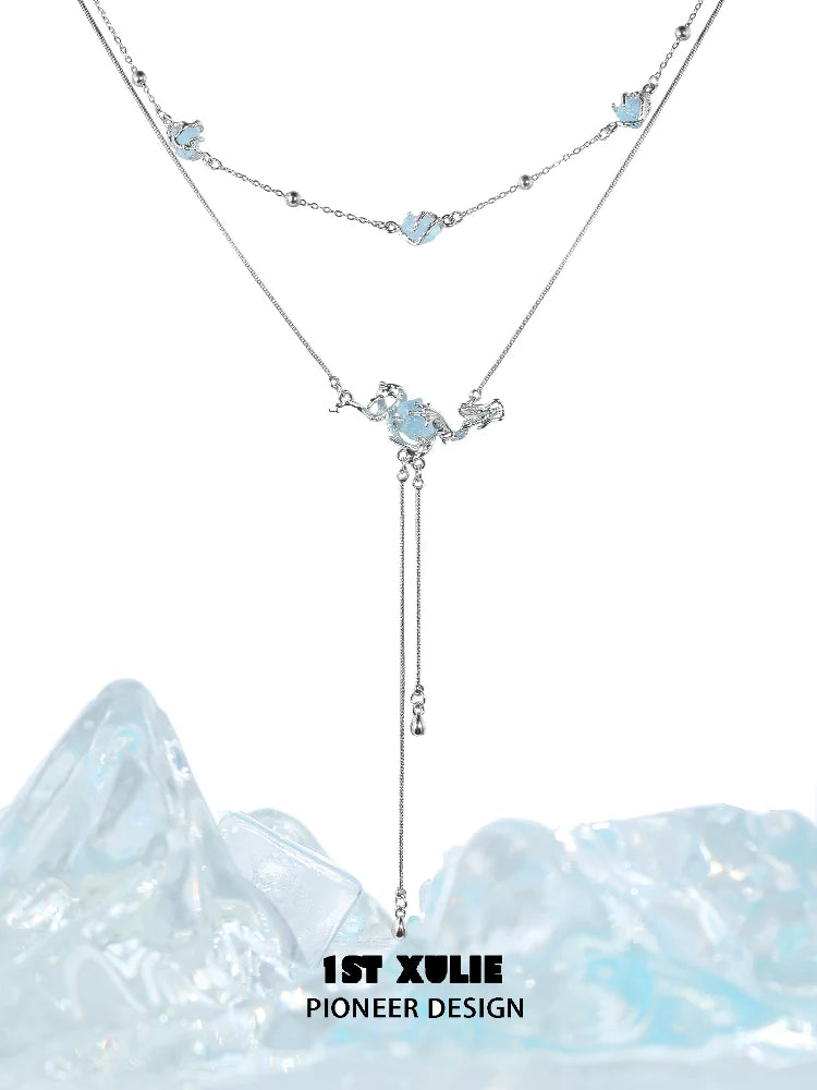 1ST XULIE Moon Double Necklace with Elegant Blue Stones and Layered Design