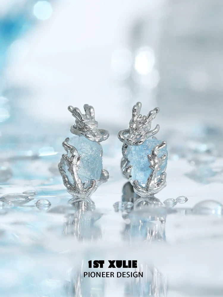 1ST XULIE Mystic Elf Earrings in Silver with Blue Crystal Accents for Unique Style