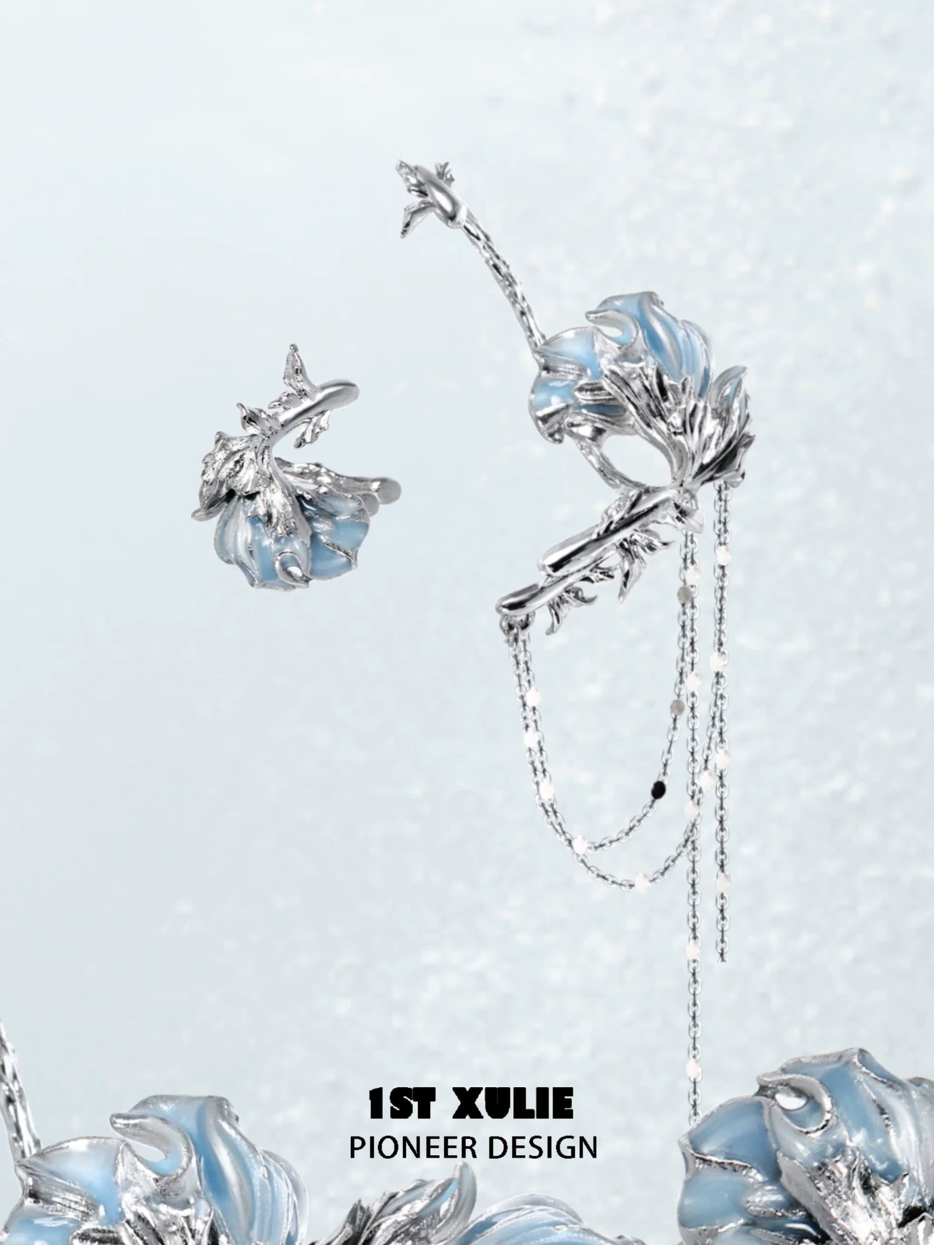 1STXULIE Mystic Mermaid Tail Earrings with Blue Floral Design and Elegant Silver Finish