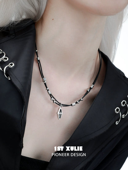 Northern star beaded leather necklace with silver accents on a black cord for a stylish look