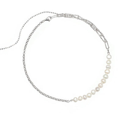 Elegant pearl fringe collarbone chain necklace with a delicate silver chain and shimmering pearls