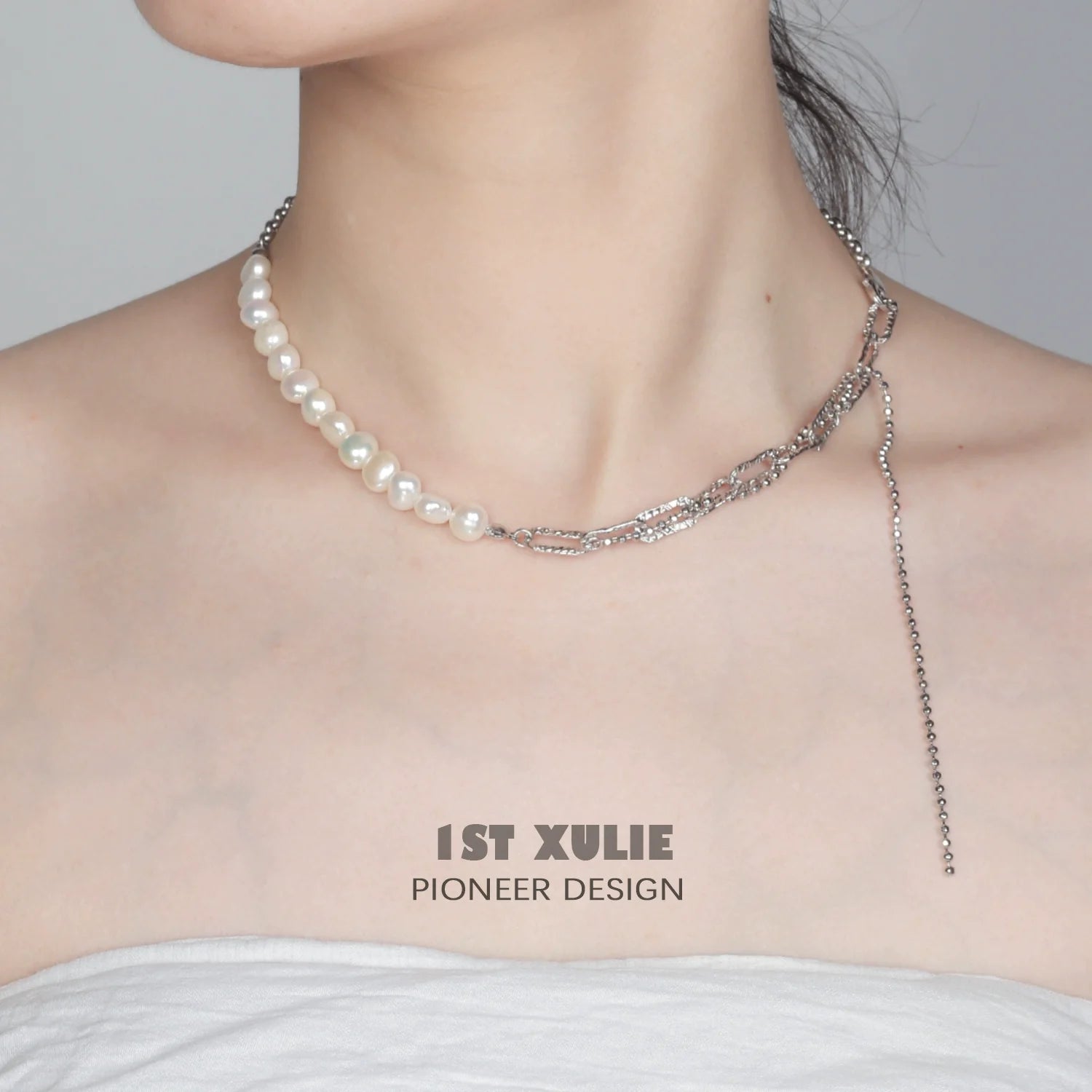 Elegant 1ST XULIE pearl fringe collarbone chain necklace featuring shimmering pearls and a stylish design