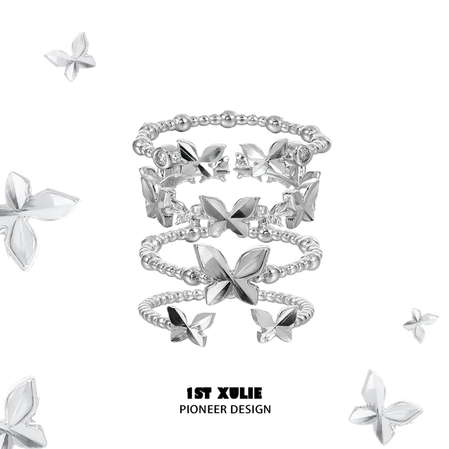 Punk butterfly silver ring stack featuring unique designs and elegant butterfly motifs