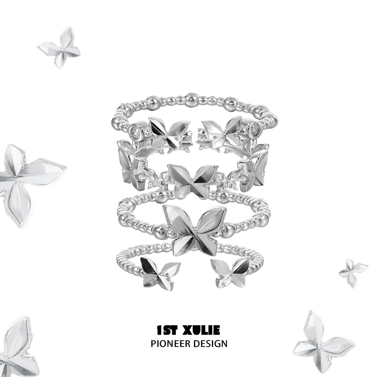 Punk butterfly silver ring stack featuring unique designs and elegant butterfly motifs