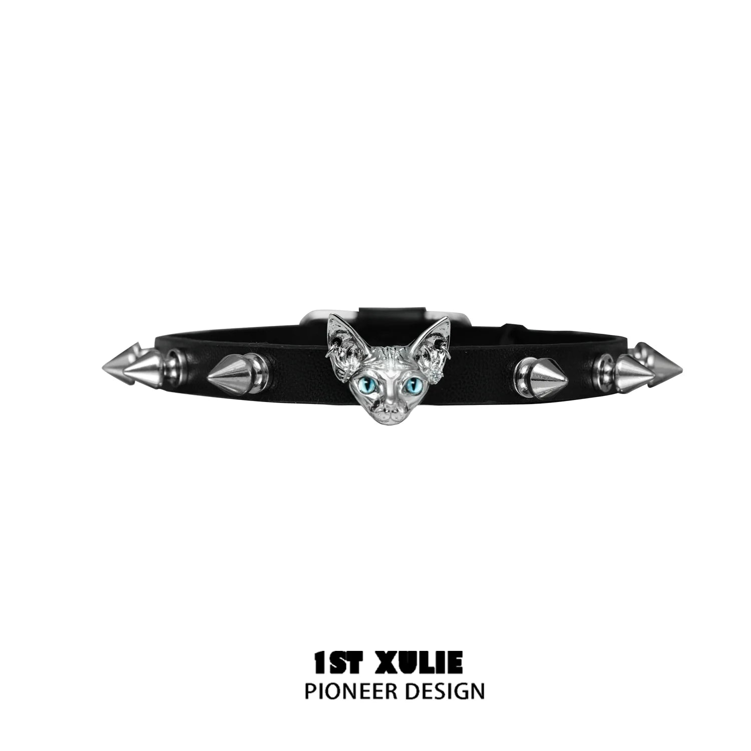 Punk cat studded choker with a silver cat head and spikes for edgy fashion lovers