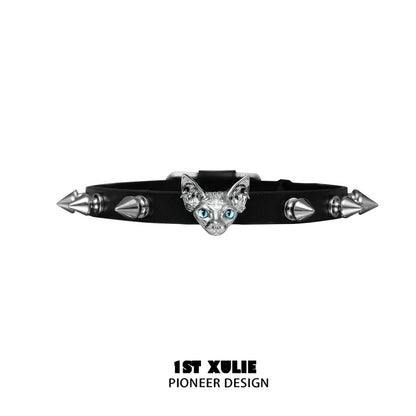 Punk cat studded choker with a silver cat head and spikes for edgy fashion lovers