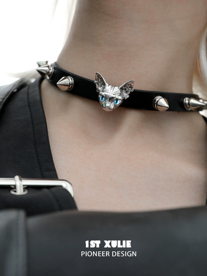 Punk cat studded choker with silver cat head and spiked accents for a bold accessory look