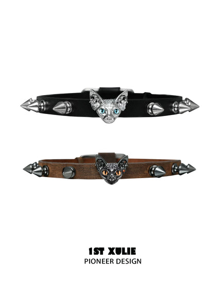 Punk cat studded choker featuring a silver cat head and spikes for a bold fashion statement