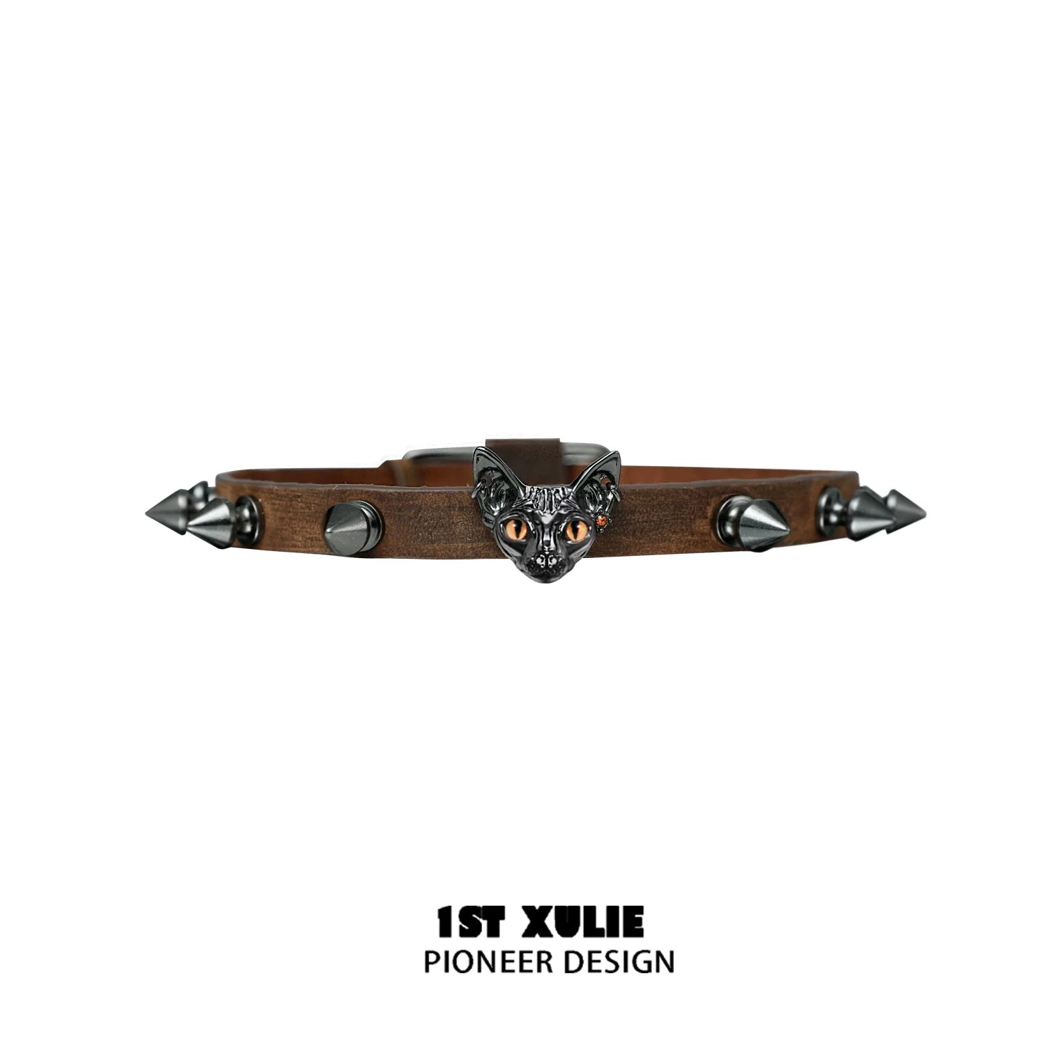 Punk cat studded choker with spikes and a cat head design, perfect for a bold fashion statement