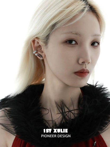 Stylish red crane feather ear cuffs showcased on a model with a fashionable black collar