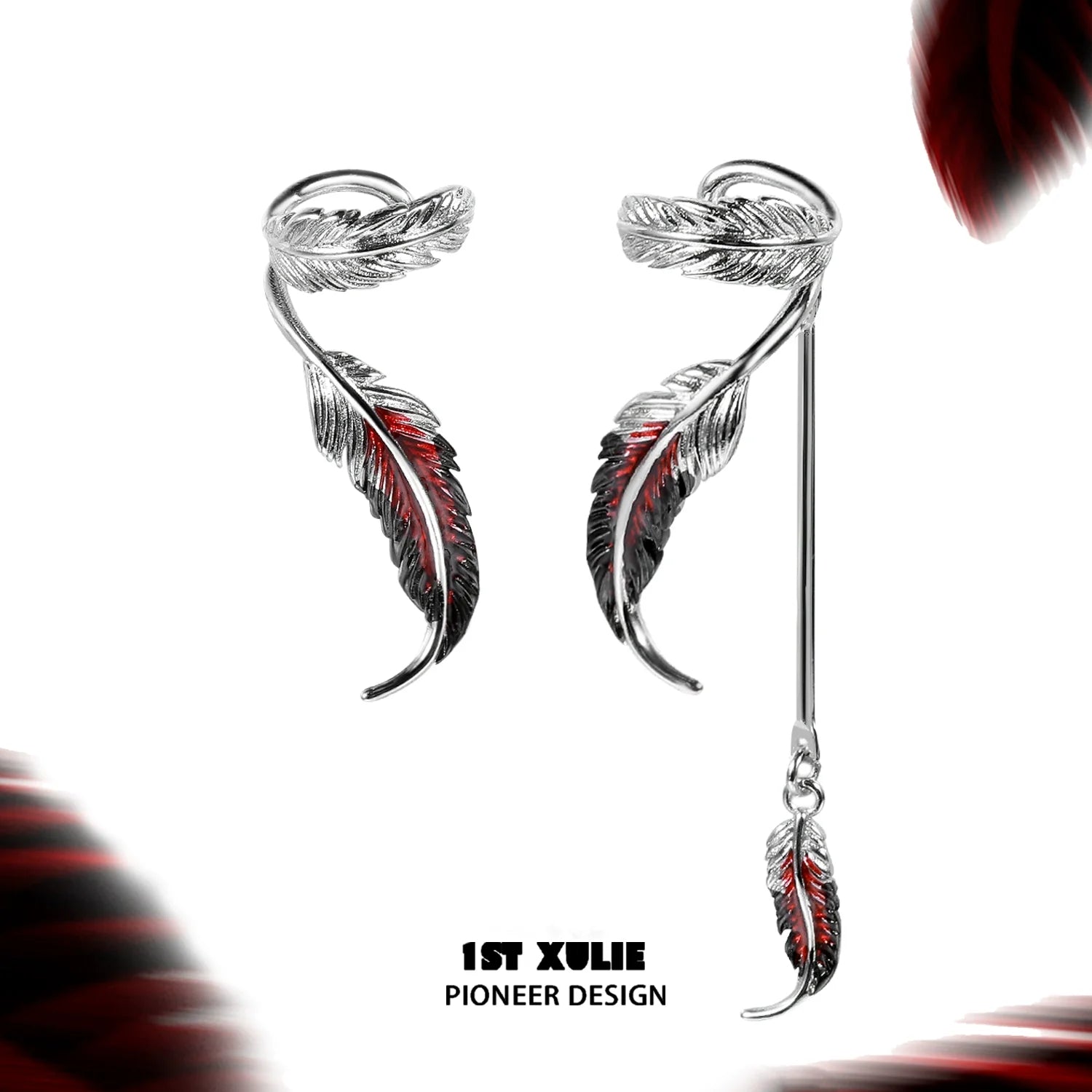 Stylish red crane feather ear cuffs by 1STXULIE featuring detailed silver and red design