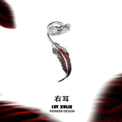 Stylish red crane feather ear cuffs by 1STXULIE featuring intricate feather detailing