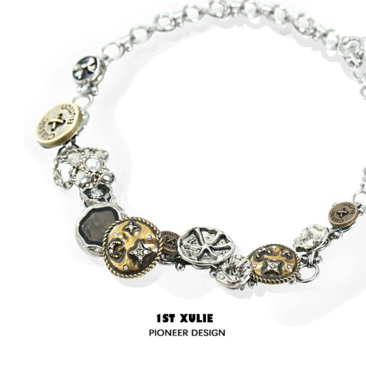 Stylish retro button necklace featuring mixed metal buttons and sparkling accents by 1STXULIE