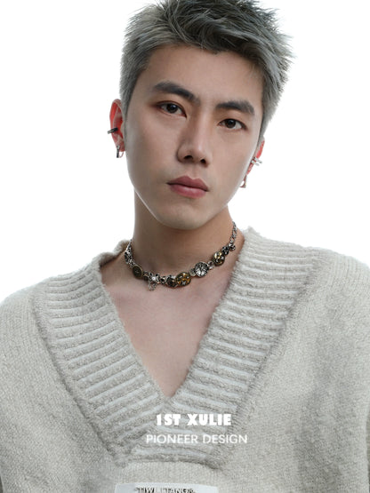 Stylish model wearing a retro button necklace with unique designs for fashionable looks