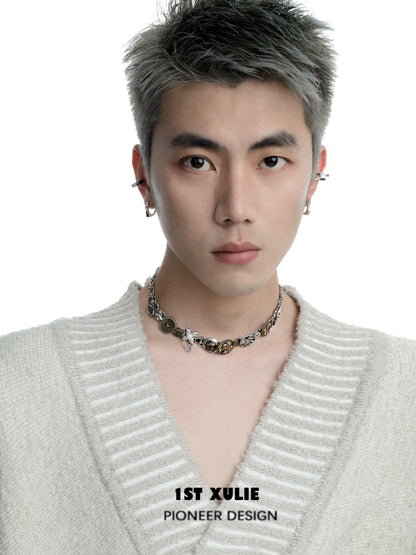 Stylish model wearing a retro button necklace that features unique vintage buttons