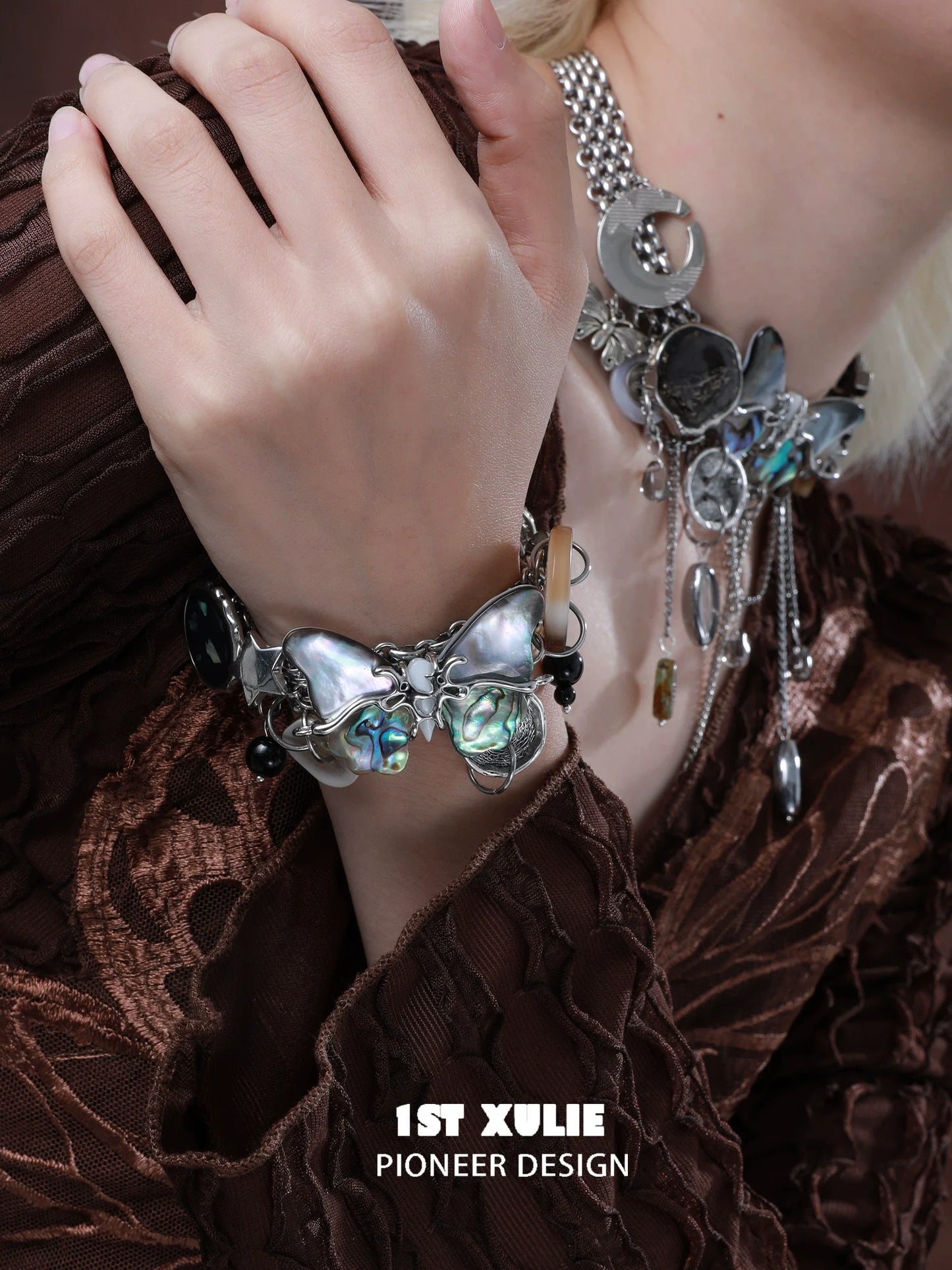 Retro punk butterfly bracelet with unique charms and metallic elements for a bold fashion statement