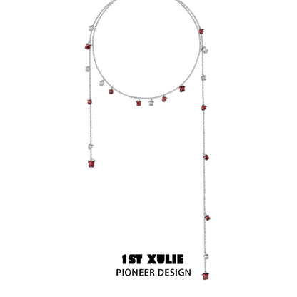 Rose kiss clavicle chain necklace by 1ST XULIE with sparkling red and silver accents, perfect for elegant occasions