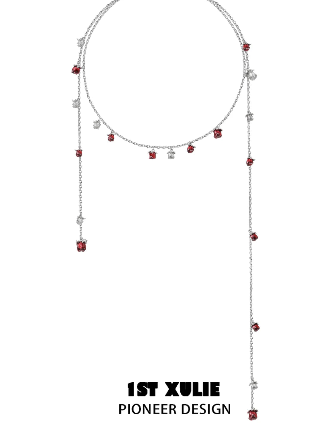 Rose kiss clavicle chain necklace by 1STXULIE with stylish dangling red and silver accents