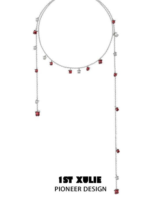 Rose kiss clavicle chain necklace by 1STXULIE with stylish dangling red and silver accents
