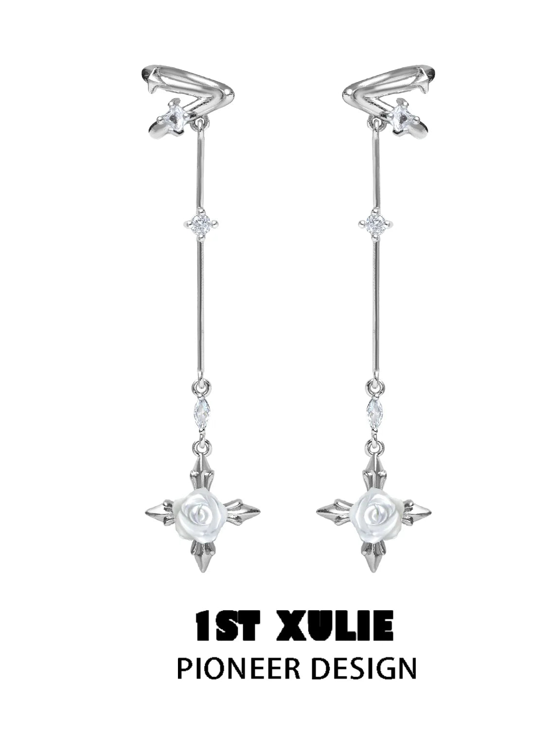 Elegant silver rose tassel earrings with decorative crystals by 1ST XULIE for a stylish look