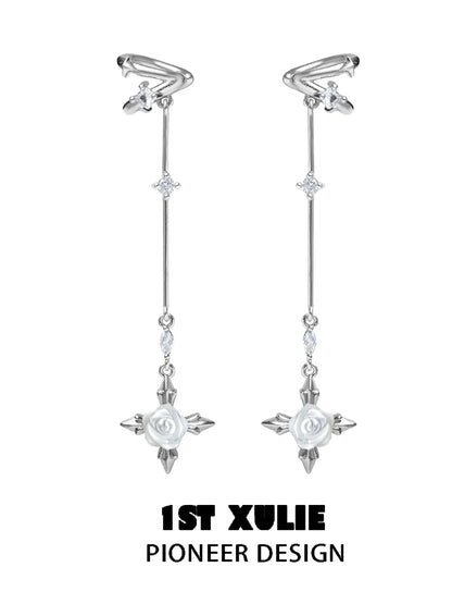 Elegant silver rose tassel earrings with decorative crystals by 1ST XULIE for a stylish look