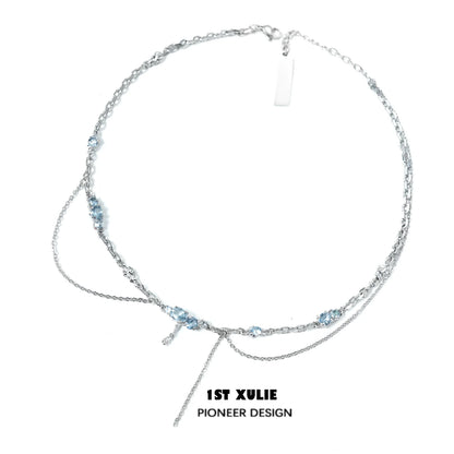 1ST XULIE Sea Breeze Zircon Necklace in Silver with Delicate Blue Accents for Elegant Style