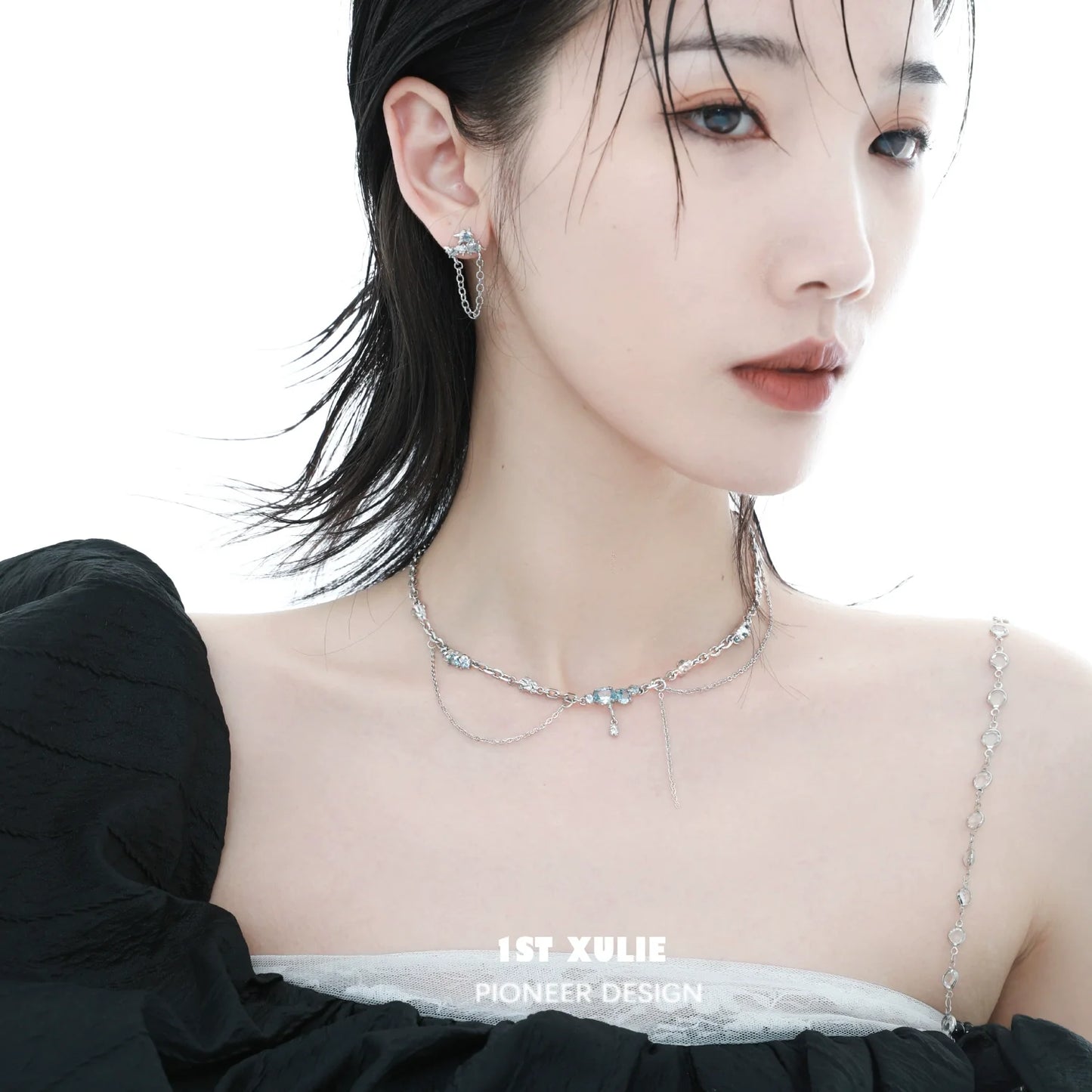 Elegant model wearing a sea breeze zircon necklace paired with matching earrings for a stylish look