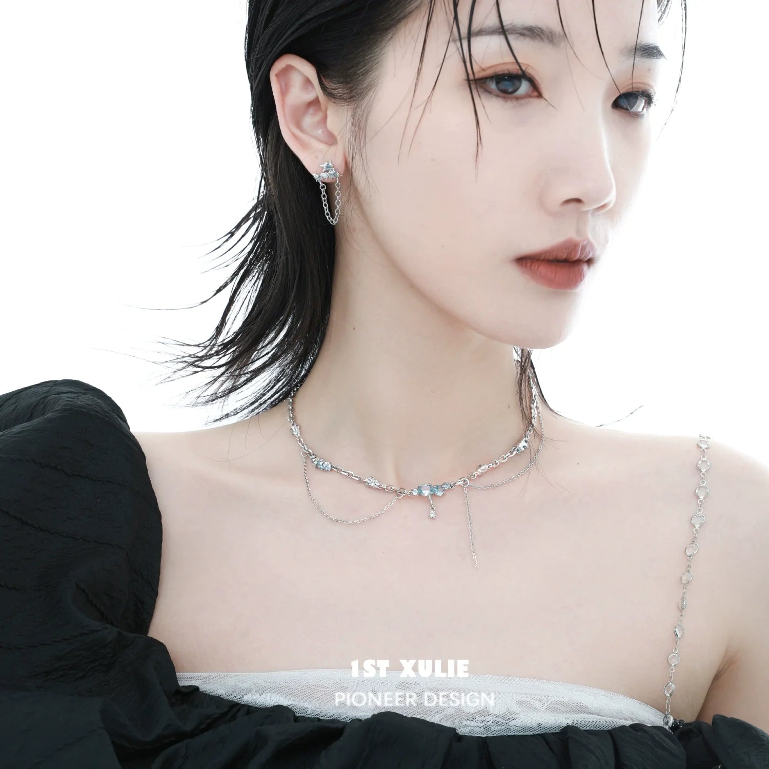 Elegant model wearing a sea breeze zircon necklace paired with matching earrings for a stylish look
