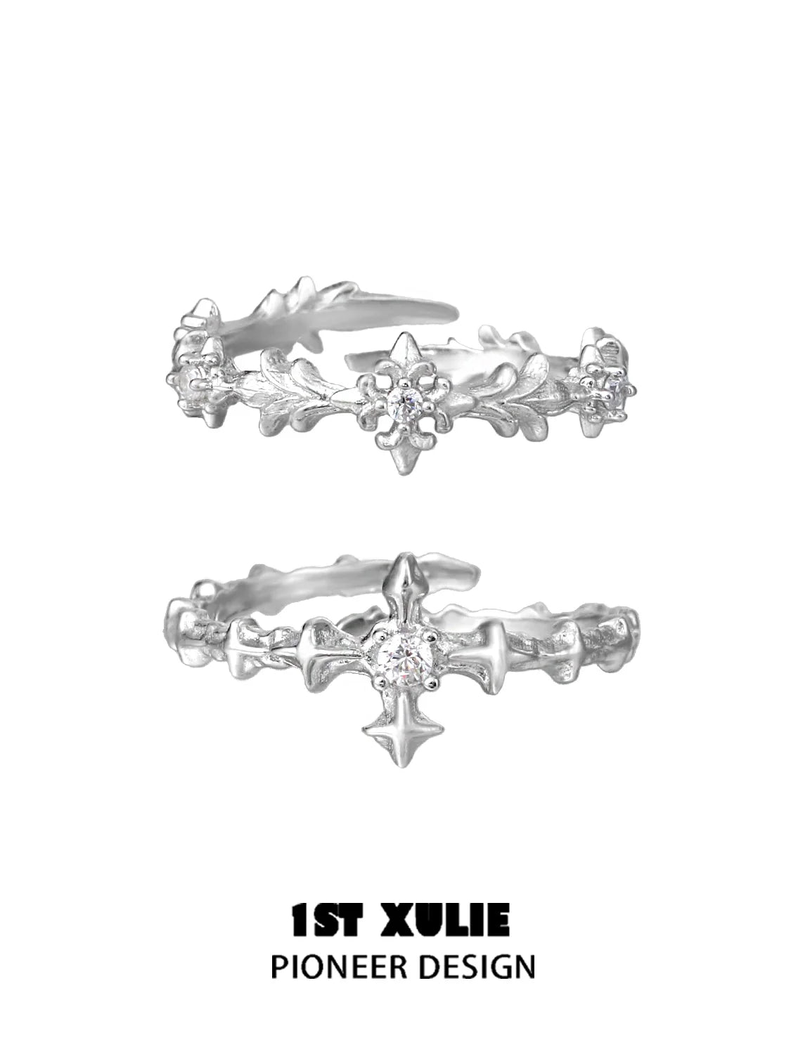 Stylish silver cross couple rings with floral designs and sparkling accents for romantic pairings