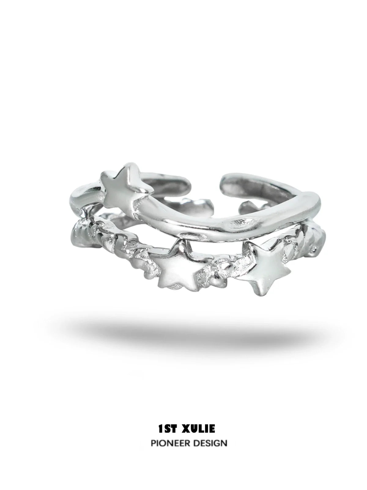 1STXULIE Silver Star Couple Ring Featuring Twisted Design and Star Accents