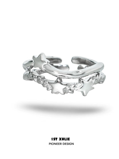 1STXULIE Silver Star Couple Ring Featuring Twisted Design and Star Accents