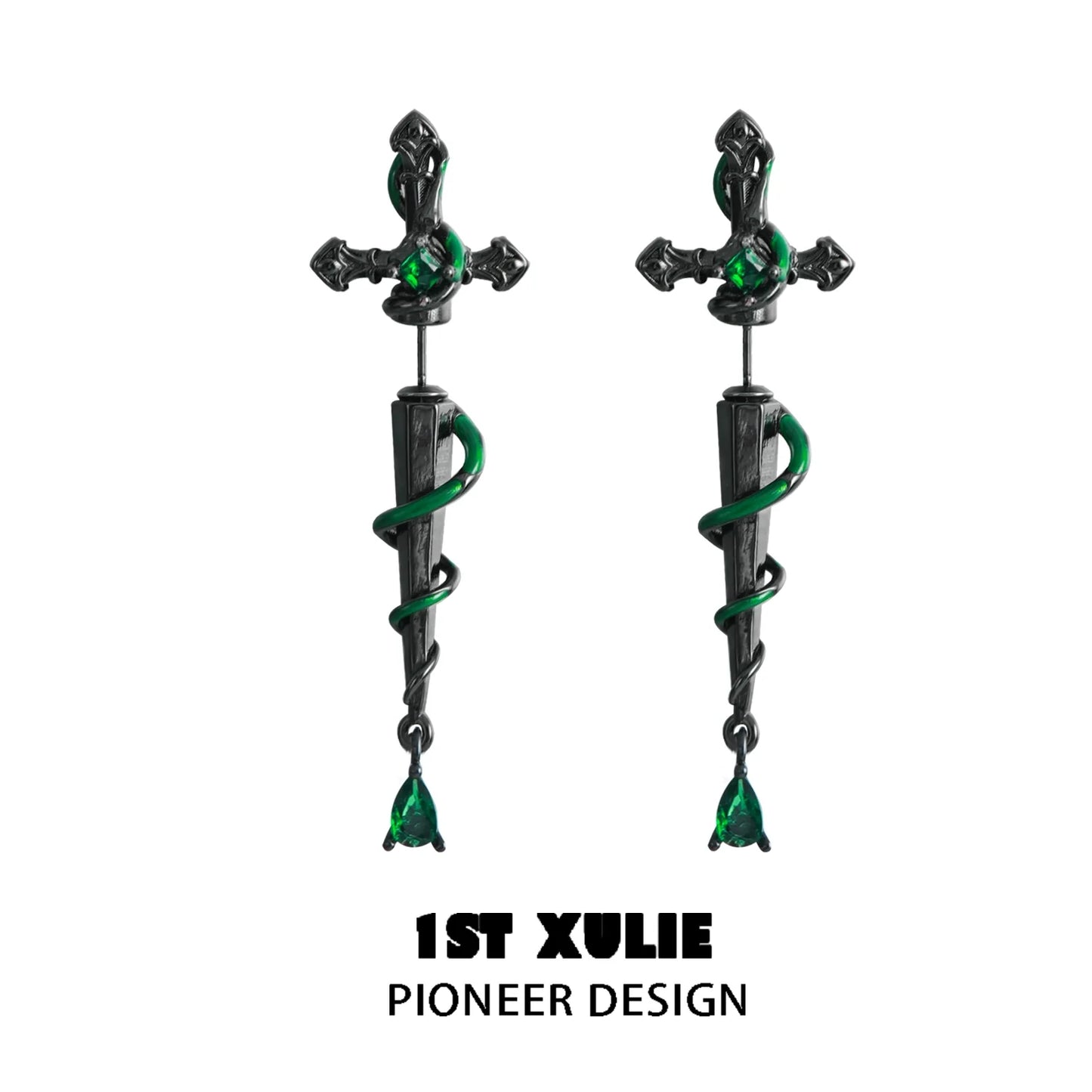 Slytherin inspired cross earrings featuring a snake design with emerald accents
