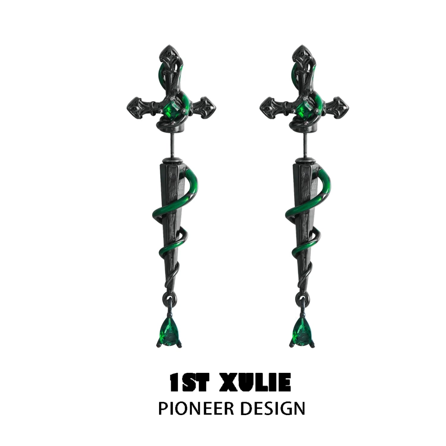 Slytherin inspired cross earrings featuring a snake design with emerald accents