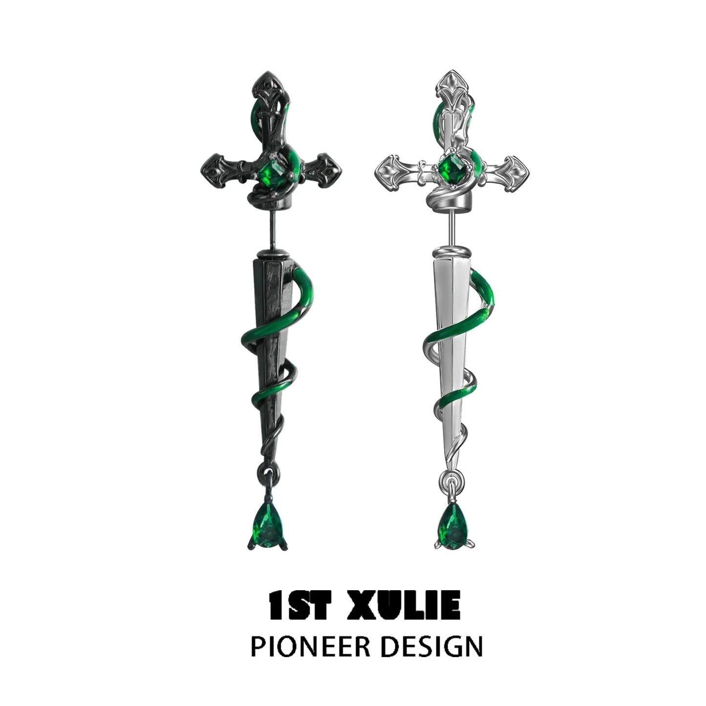 Slytherin inspired cross earrings featuring green accents and intricate snake design from 1STXULIE