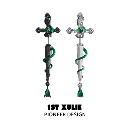Slytherin inspired cross earrings featuring green accents and intricate snake design from 1STXULIE