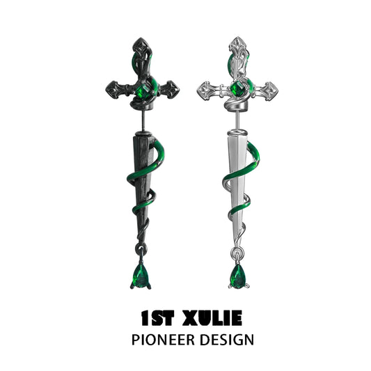 Slytherin inspired cross earrings featuring green accents and intricate snake design from 1STXULIE