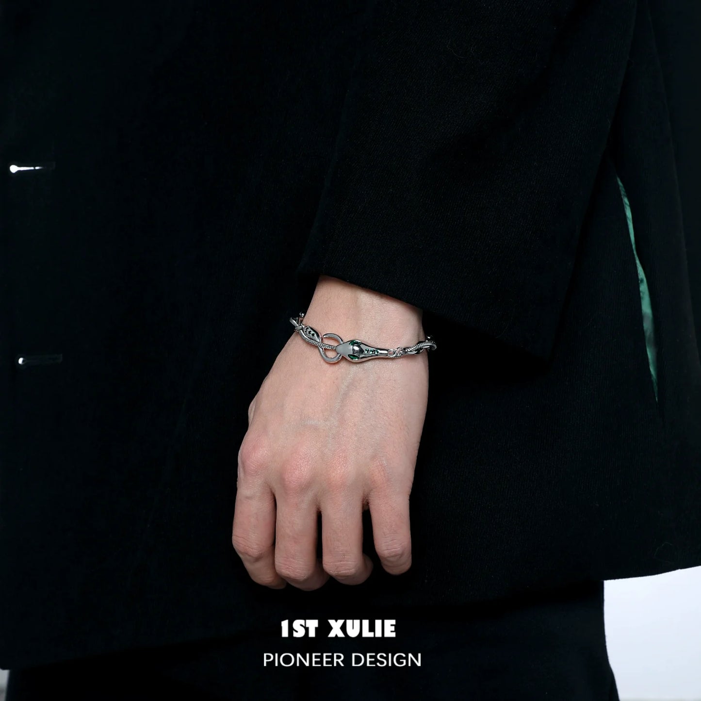 Stylish Slytherin snake bracelet worn on a wrist, perfect for fans of the Harry Potter series